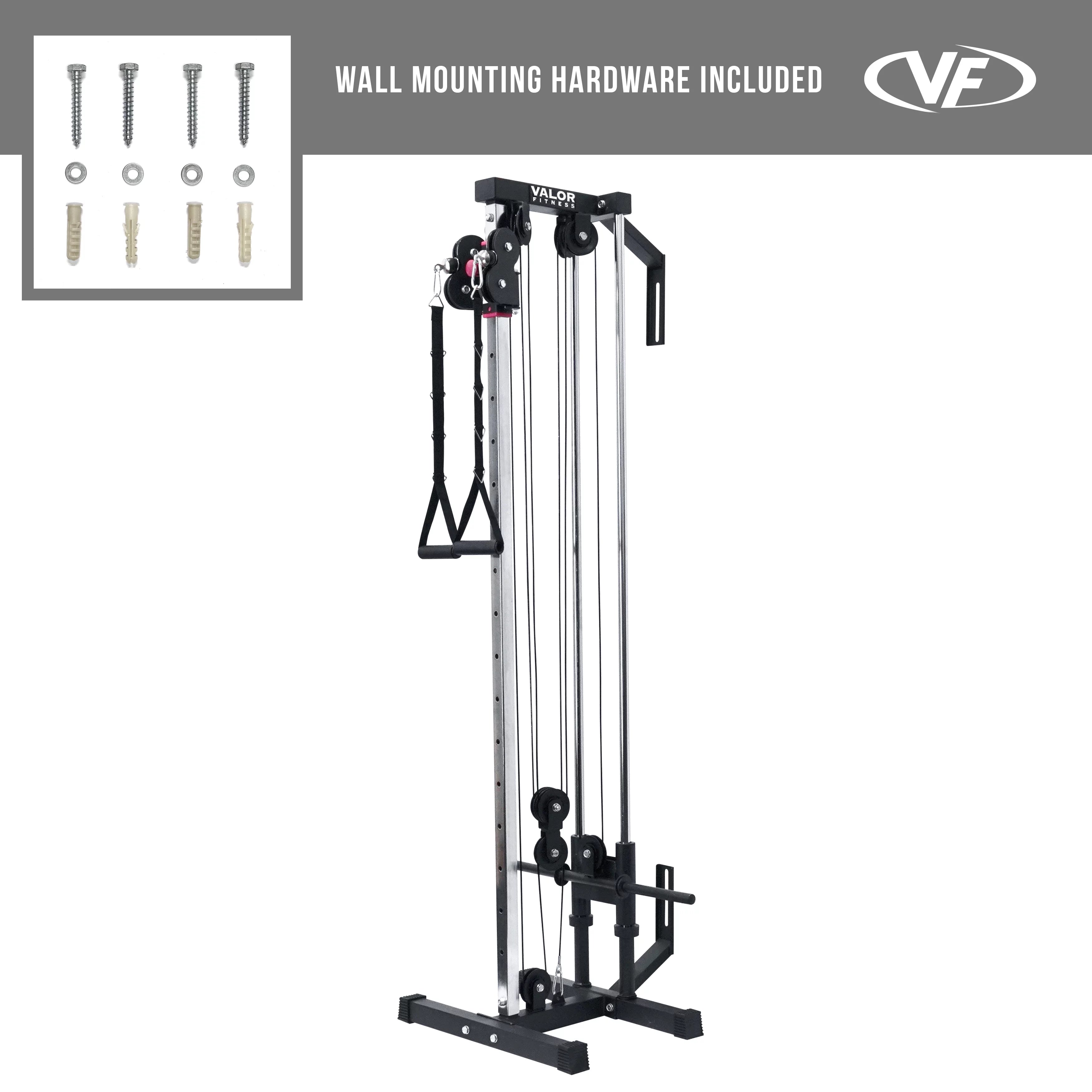 Valor Fitness LAT Pull Down Cable Machine - Wall Mount - 16 Adjustable Positions Dual Pulley System - Includes Strap Handles - High & Low Cable System Home Gym Equipment Max Weight 200 Lbs. - BD-62