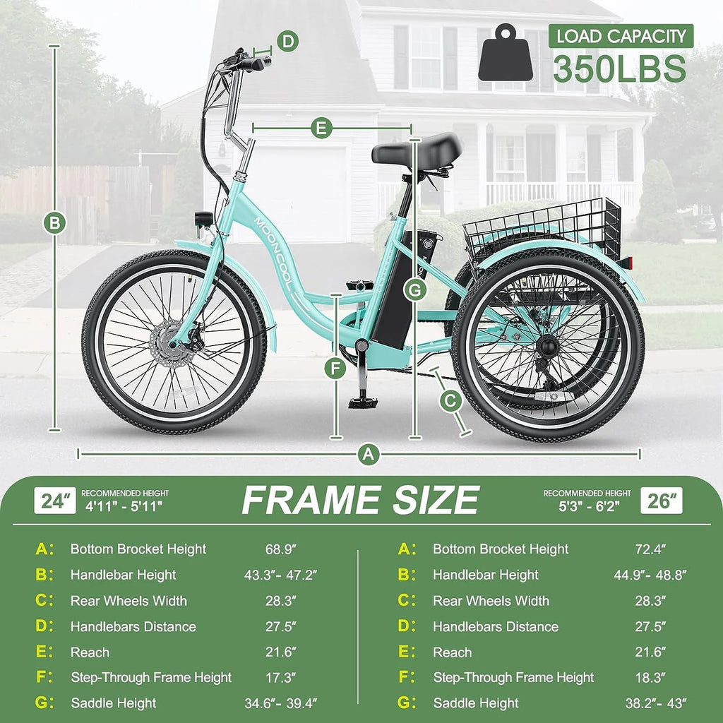 Mooncool 24" 26" 3 Wheel Electric Tricycle for Adults, 350W 36V 7 Speeds Motorized Electric Trike Three Wheel Electric Bikes Bicycle with Large Basket & Accessories for Women Men