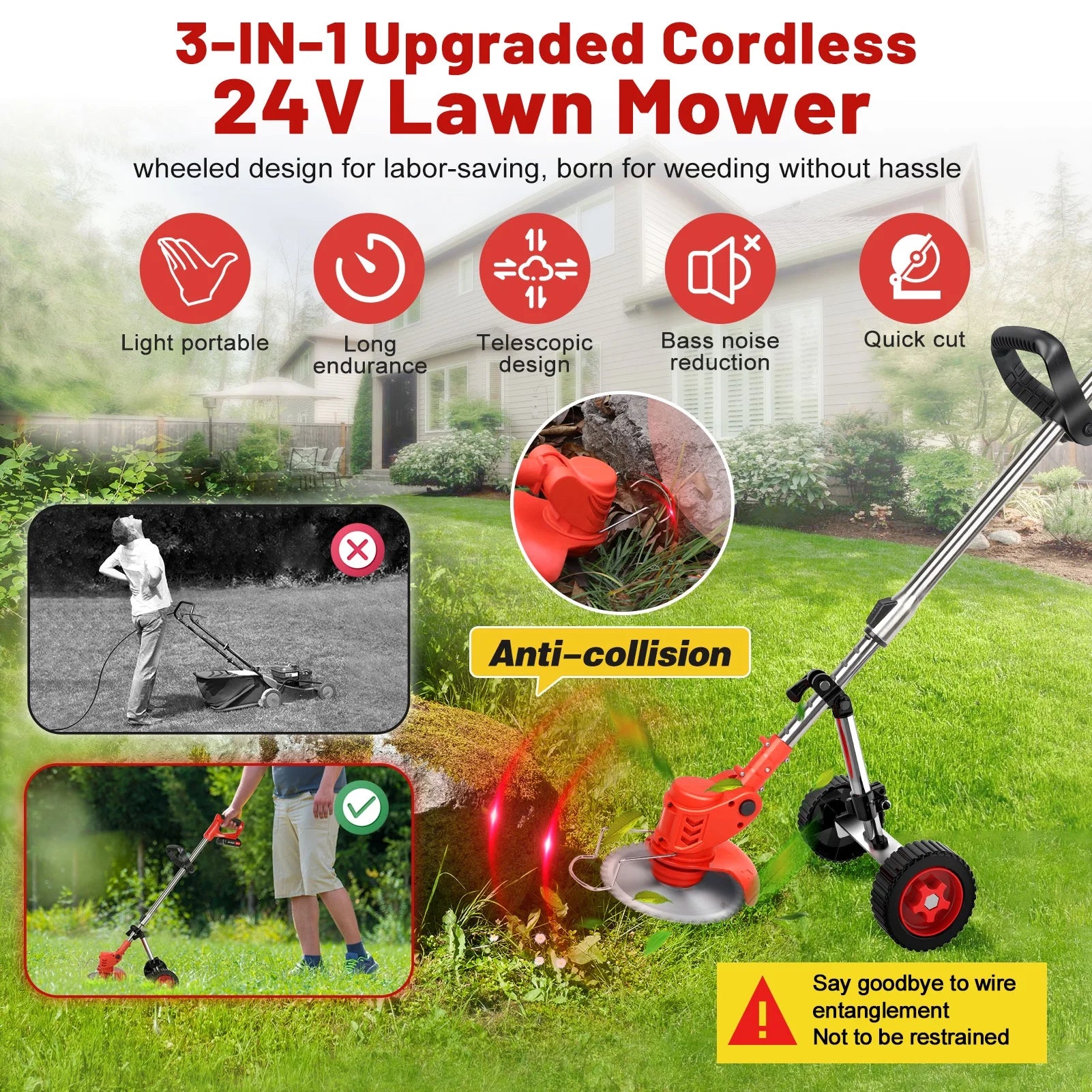 Cordless Weed Eaters Electric Grass Trimmer &amp; Edger, Tanbaby 6 inch 3-in-1 Weed Wacker Kit with Upgraded Wheels