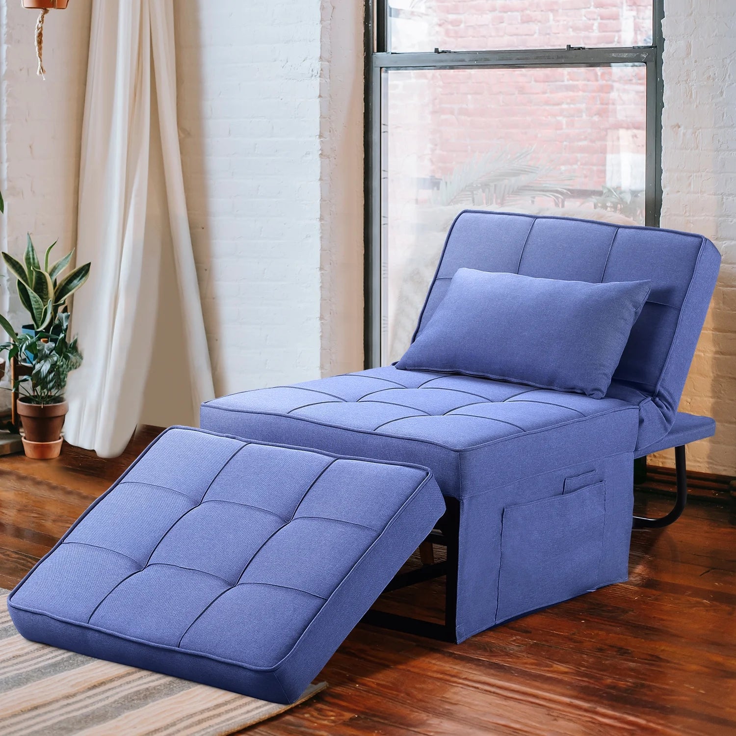 Ainfox Ottoman Chair Lounger Bed .4 in 1 Breathable Linen Convertible Single Sofa Couch, 73.23''L x 33.86''W(Dark Blue)