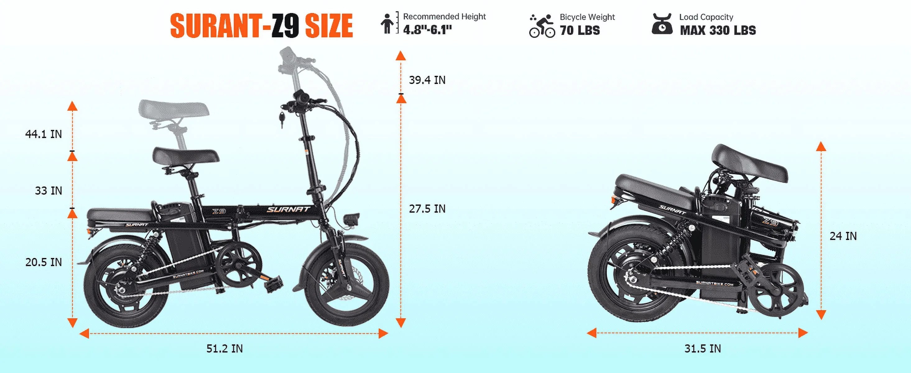 SURNAT Z9 Folding Electric Bike Full Suspension 400W (Peak 600W) 48V 13Ah Removable Battery 23MPH 14" x 2.1 Fat Tire ebikes Commuter Electric Bicycle