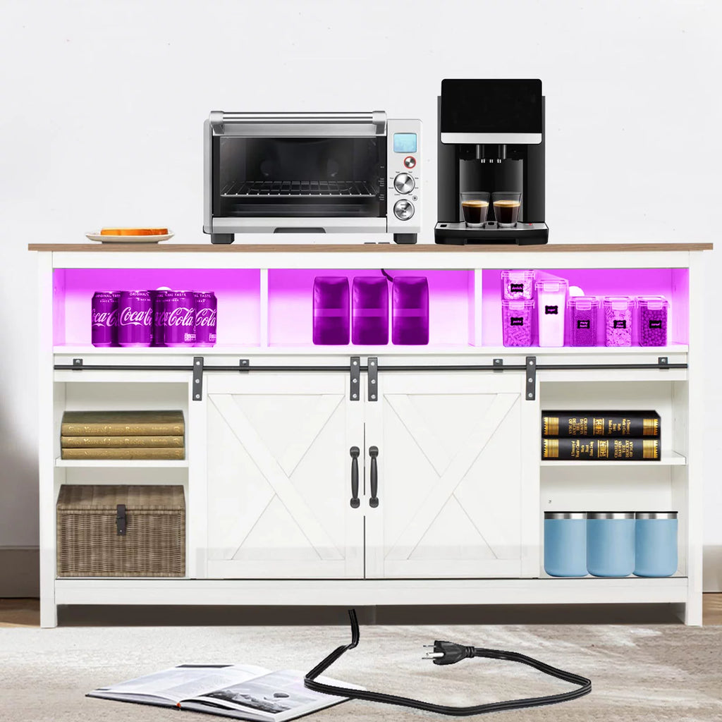 4 Layer Farmhouse Coffee Bar Cabinet With Power Outlet & LED Light, 57" Barn Door Buffet Cabinet Kitchen Storage With Adjustable Shelves(Brown)