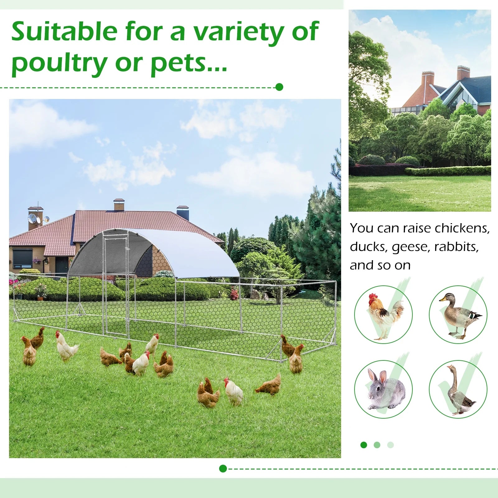 YODOLLA 148 Sq.Ft Chicken Coop Run Large Dome Walk-in Metal Chicken Cage with Chain Link Fence, Suitable for 10 More Chickens and Poultry Like Ducks, Rabbites, Dogs