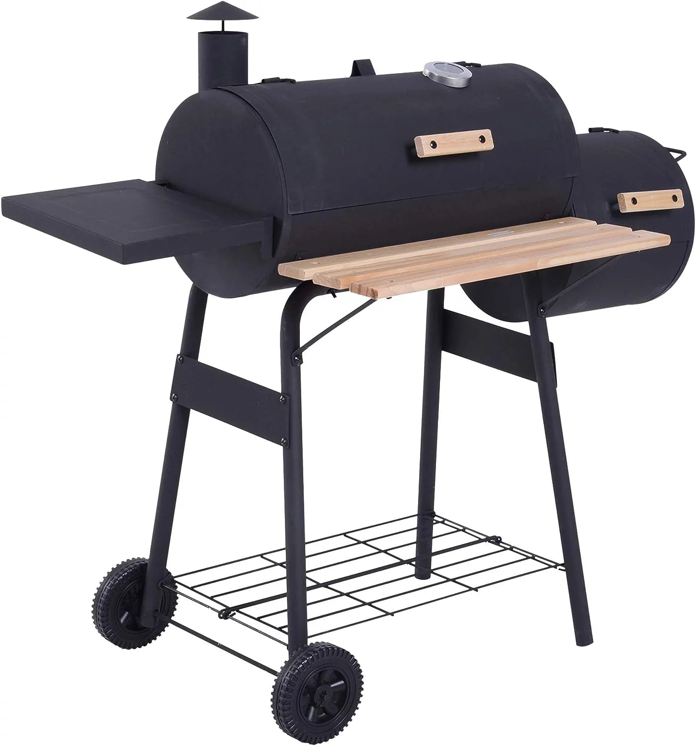 48" Portable Barrel Charcoal BBQ Grill, Steel Outdoor Barbecue Smoker with 232 Square Inches Cooking Space, Storage Shelf, Wheels for Garden Camping Picnic, Black