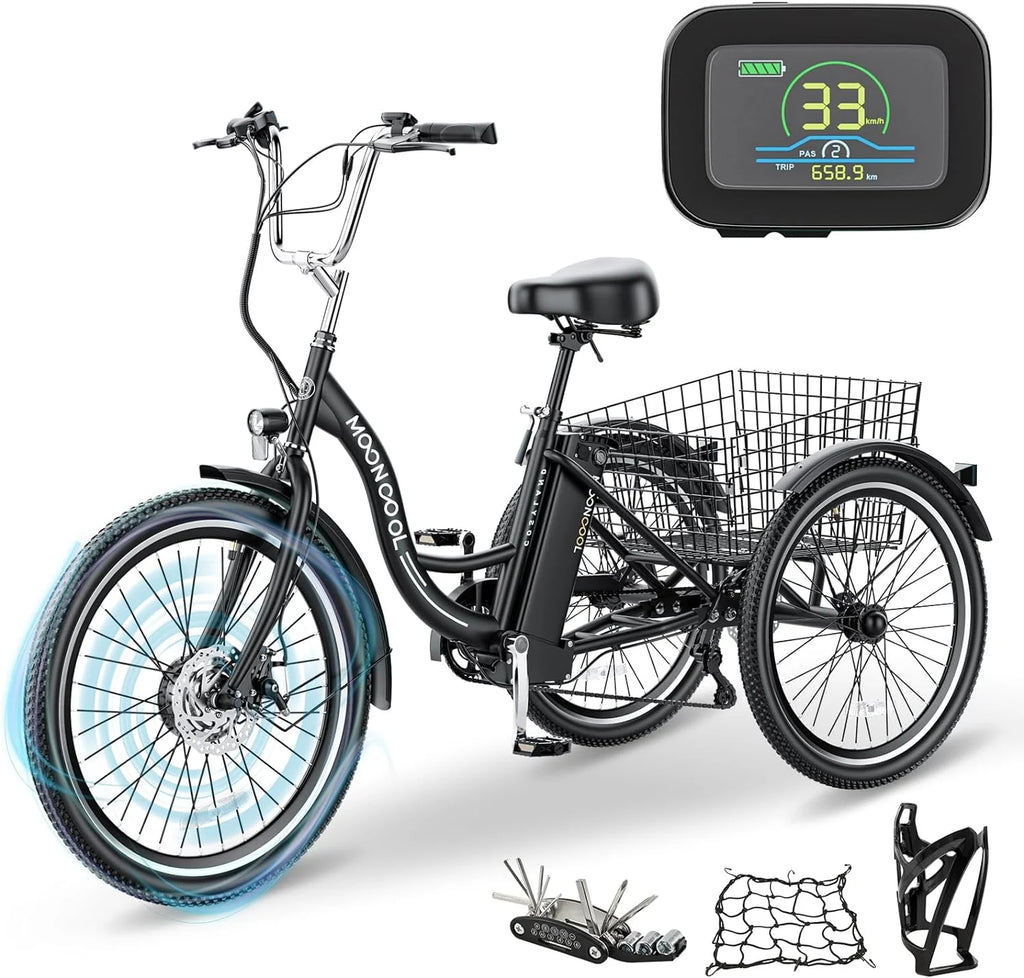 Mooncool 24" 26" 3 Wheel Electric Tricycle for Adults, 350W 36V 7 Speeds Motorized Electric Trike Three Wheel Electric Bikes Bicycle with Large Basket & Accessories for Women Men