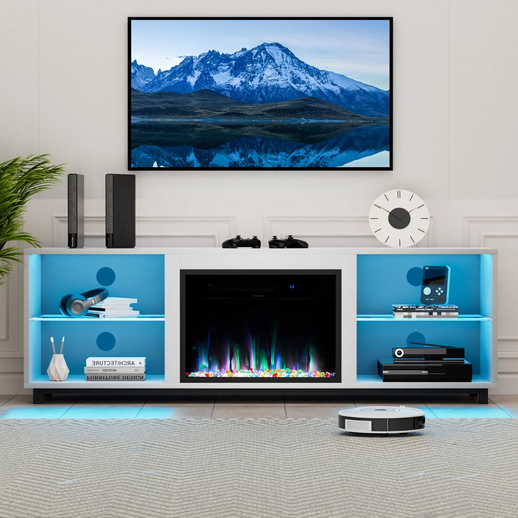 Oneinmil 68'' Fireplace TV Stand for 75'' TV, with 23" Electric Fireplace, LED Light Entertainment Center, White