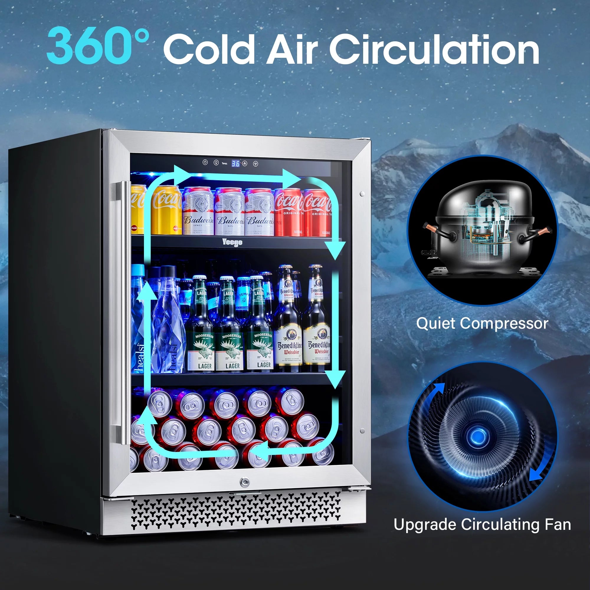 Yeego 24" Beverage Refrigerator, 180 Can Beverage Fridge with Advanced Cooling System Reversible Door Beverage Cooler Built-in or Freestanding for Beer Soda Wine Water