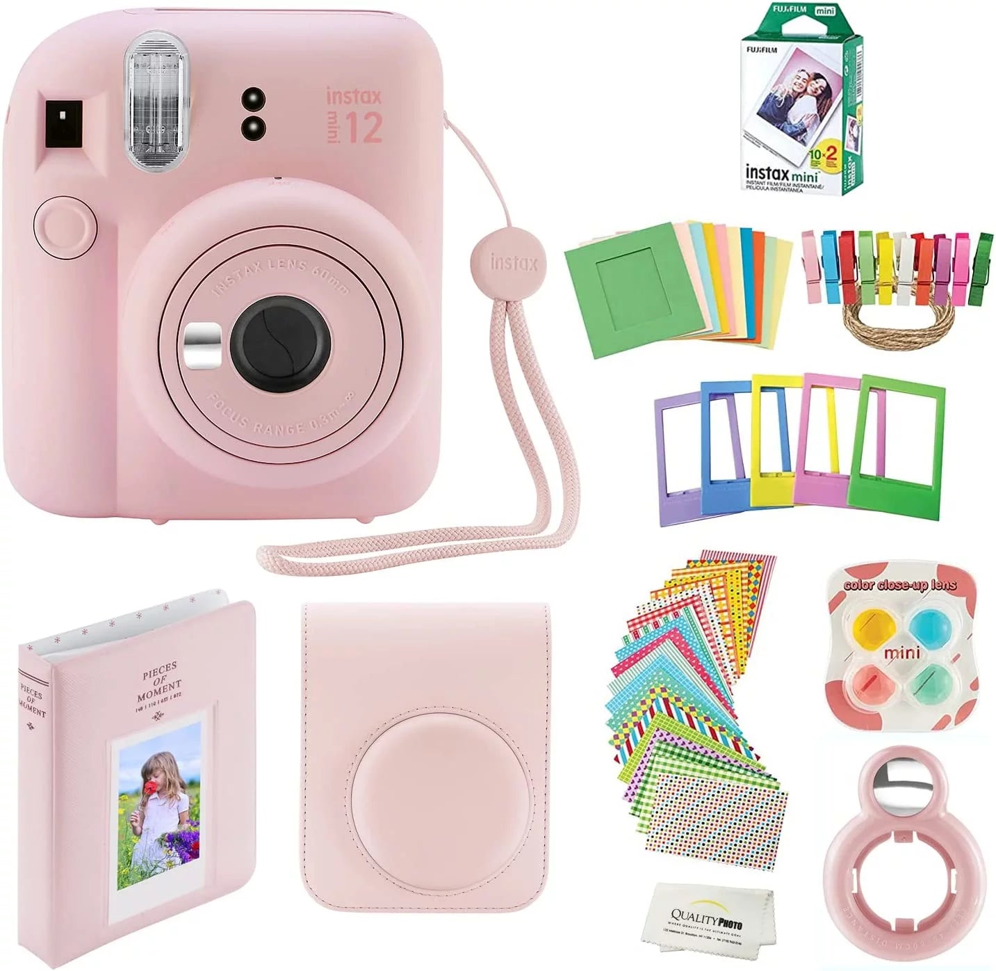 Fujifilm Instax Mini 12 Instant Camera with Case, 20 Fuji Films, Decoration Stickers, Frames, Photo Album and More Accessory kit (Blossom Pink)