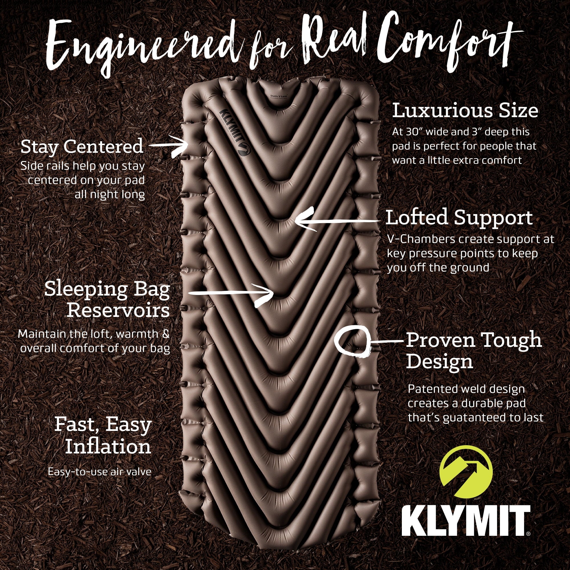 Klymit Static V Luxe Sleeping Pad, 76x30x3in, Stone Gray
