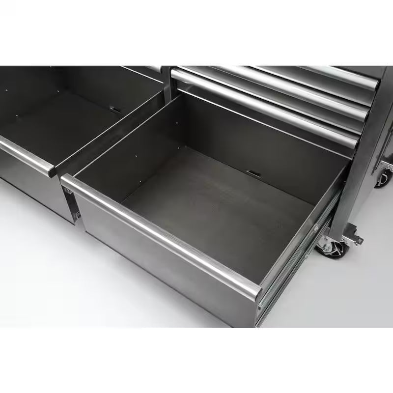 61 in. W x 24 in. D Standard Duty 10-Drawer Mobile Workbench Tool Chest with Sliding Bin Storage Drawer in Silver