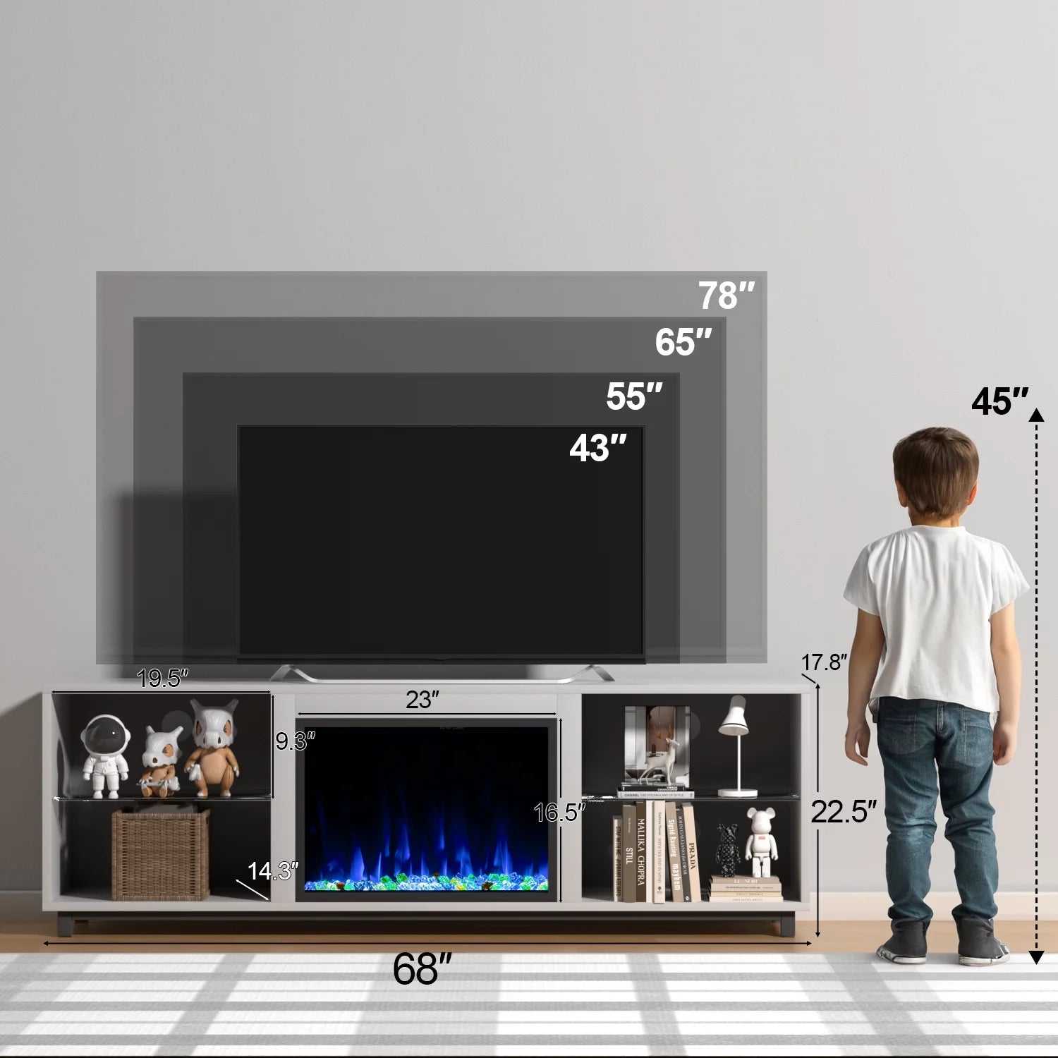 Oneinmil 68'' Fireplace TV Stand for 75'' TV, with 23" Electric Fireplace, LED Light Entertainment Center, White