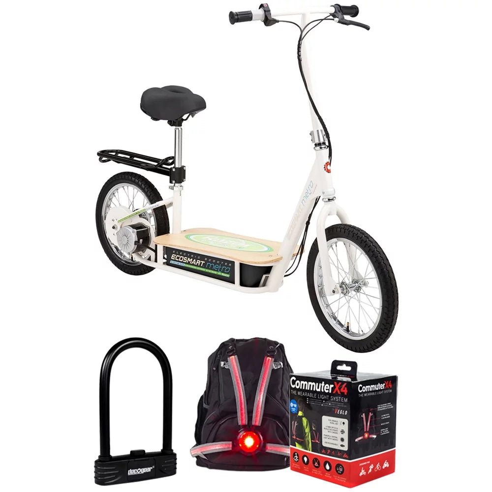 Razor 13114501 EcoSmart Metro Electric Scooter Bundle with Deco Gear Heavy Duty Combination U-Lock Bike Lock and Veglo Commuter X4 Wearable Rear Light System