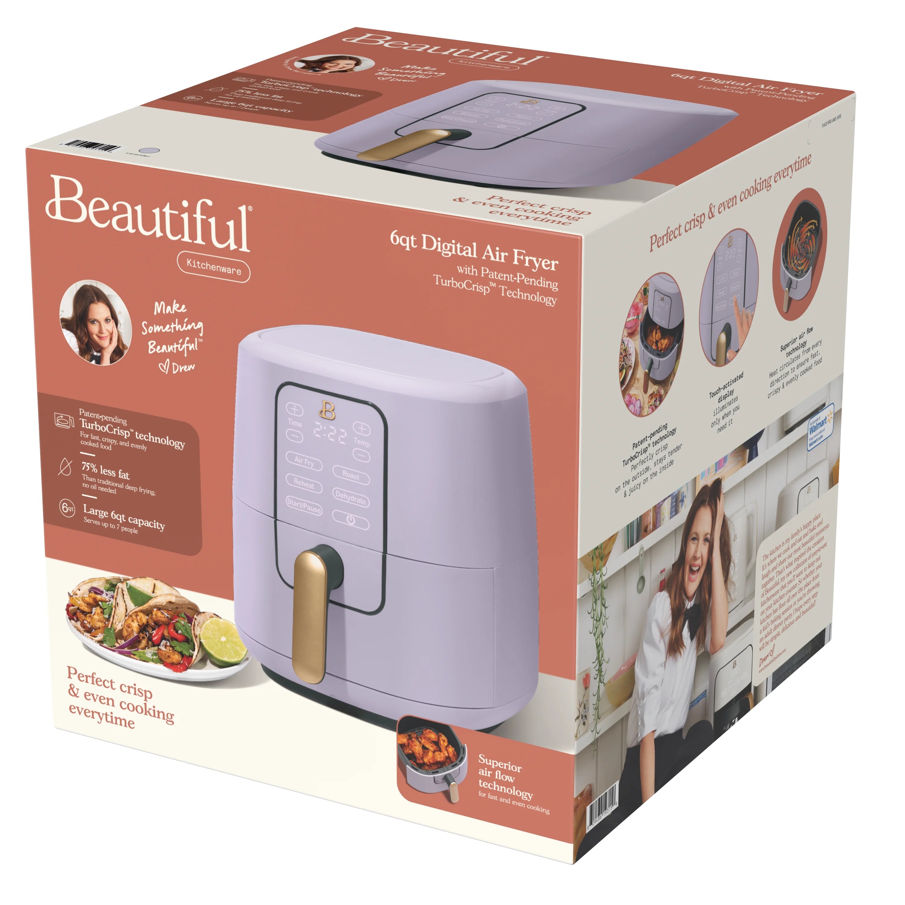 Beautiful 6 Qt Air Fryer with TurboCrisp Technology and Touch-Activated Display, Lavender by Drew Barrymore