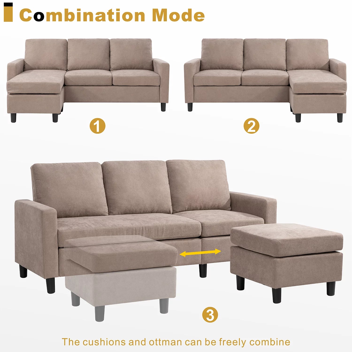 Walsunny Linen Fabric Convertible L-Shaped Sectional Sofa(Dark Gray)