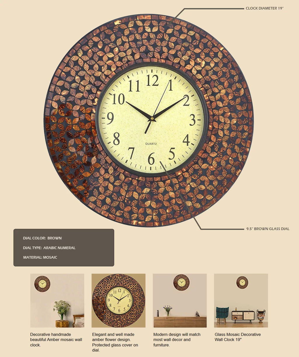 Lulu Decor, 19 Amber Flower Mosaic Wall Clock with Black Cement, Arabic Number Glass Dial 9.5 for Living Room &amp; Office Space