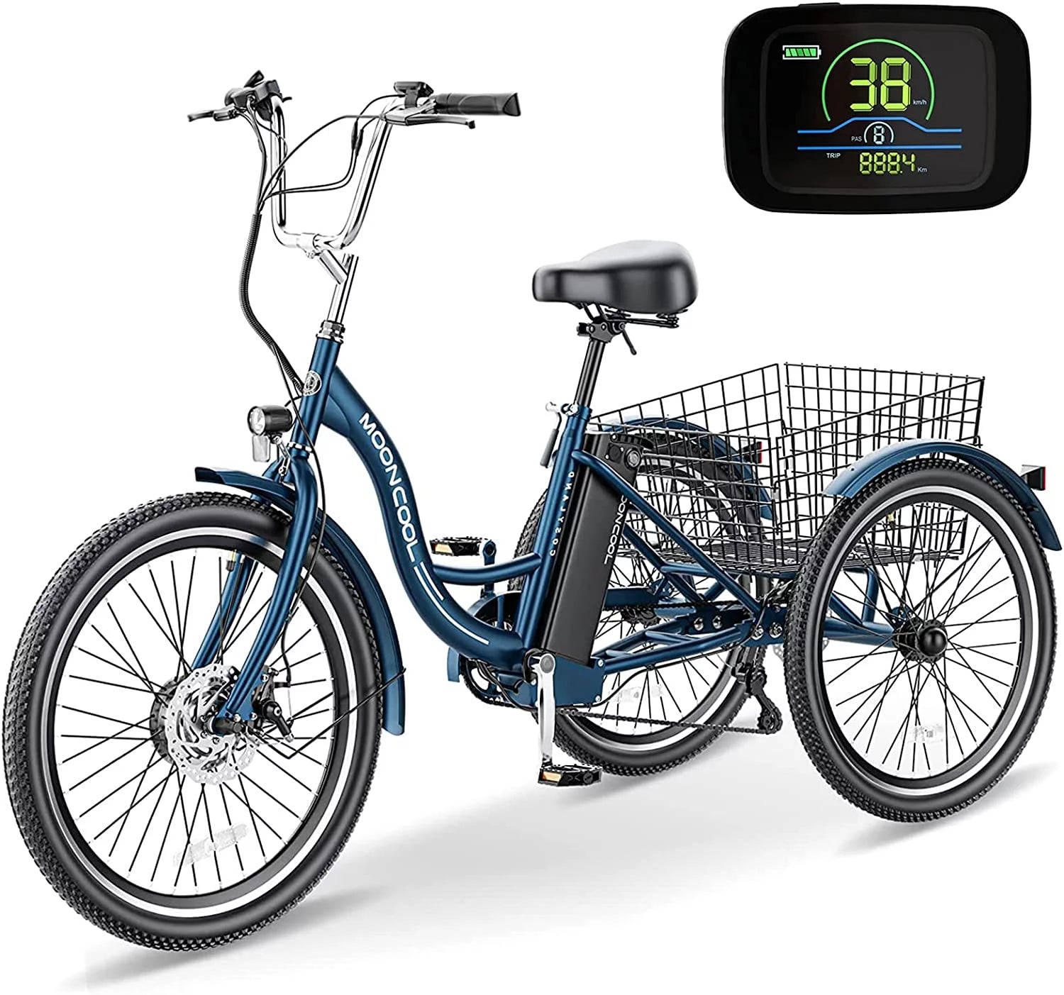 Mooncool 24" 26" 3 Wheel Electric Tricycle for Adults, 350W 36V 7 Speeds Motorized Electric Trike Three Wheel Electric Bikes Bicycle with Large Basket & Accessories for Women Men