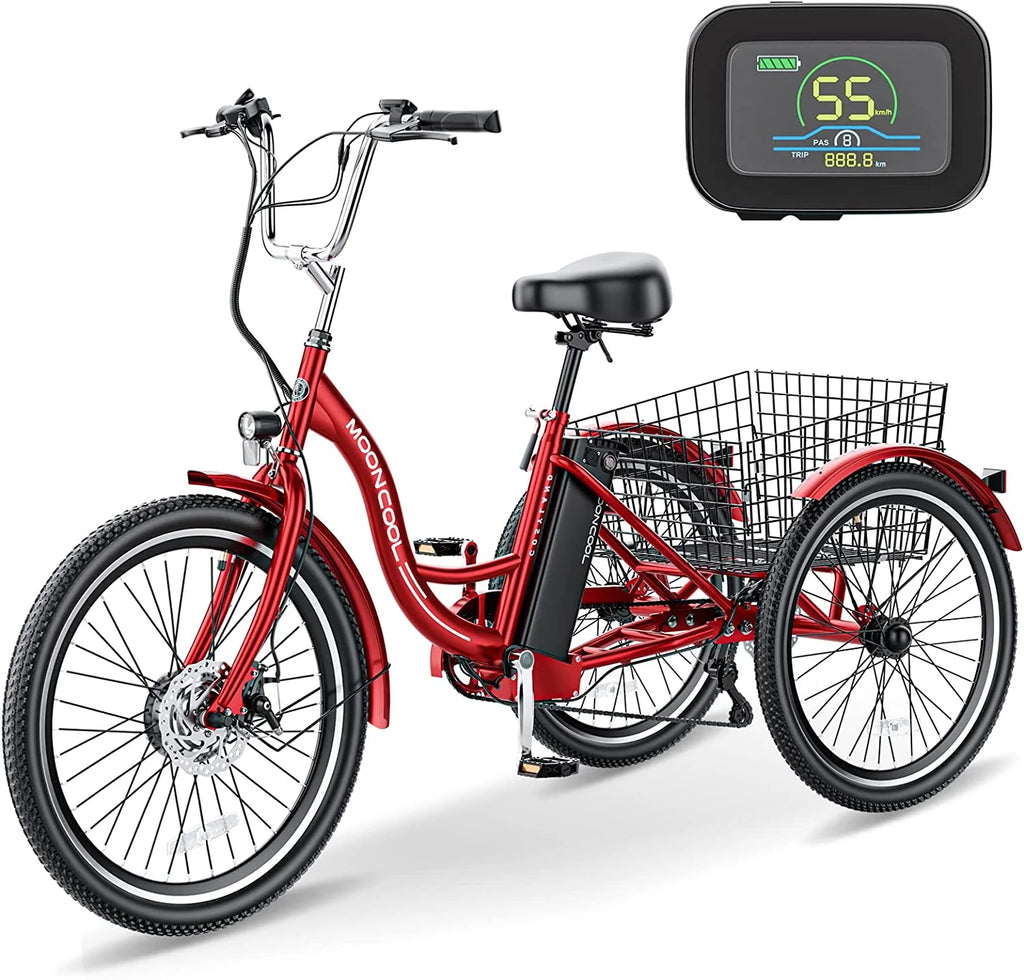 Mooncool 24" 26" 3 Wheel Electric Tricycle for Adults, 350W 36V 7 Speeds Motorized Electric Trike Three Wheel Electric Bikes Bicycle with Large Basket & Accessories for Women Men