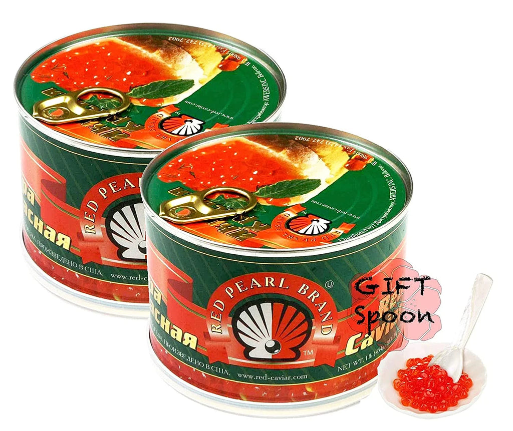 2 x Red Salmon Caviar &ndash; Alaskan Salmon Roe &ndash; Lightly Salted Caviar in Can 1 Lbs or 454 g (Coming with Caviar Spoon as Gift) Kosher certified - Product of USA