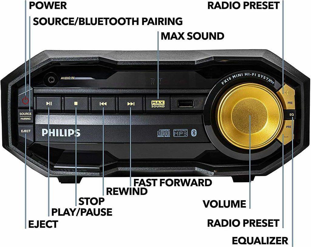 Philips Bluetooth USB Stereo System with CD Player, MP3 Player, Remote Control Wireless Boombox, FX10