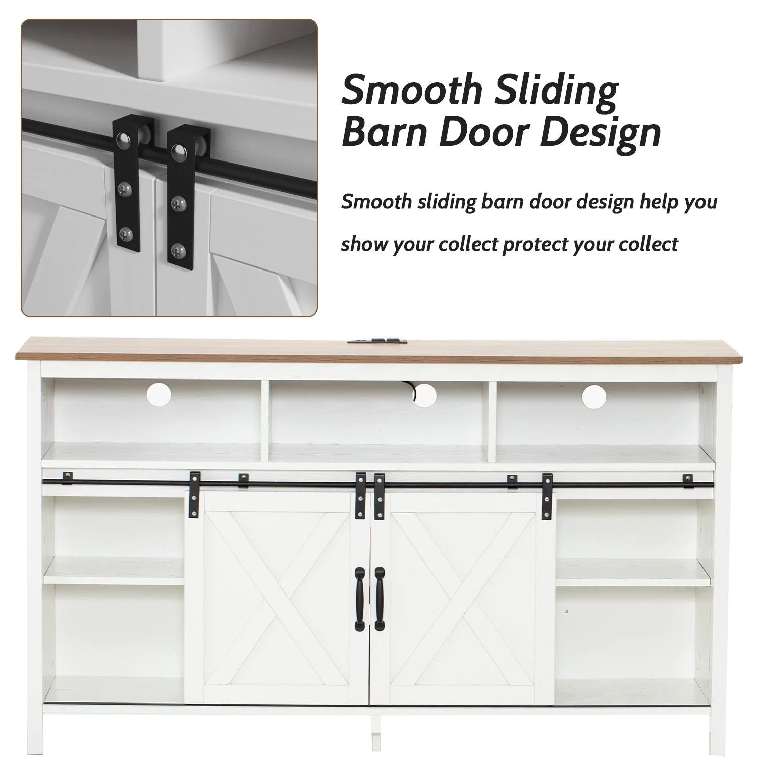 4 Layer Farmhouse Coffee Bar Cabinet With Power Outlet & LED Light, 57" Barn Door Buffet Cabinet Kitchen Storage With Adjustable Shelves(Brown)