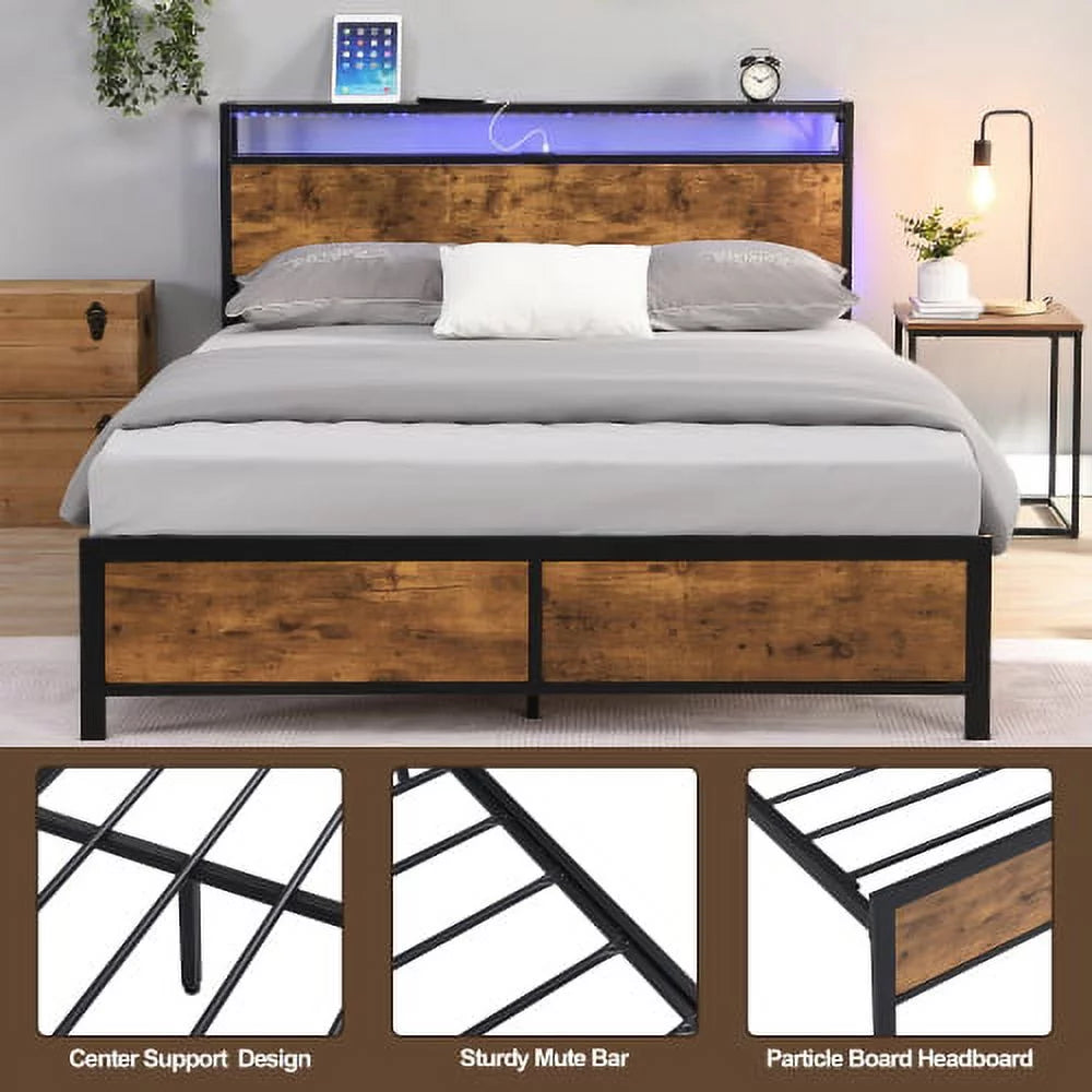 Full Bed Frame with LED Lights,Full Size Bed Frame with Headboard Storage,Platform Bed Frame with Outlets and 2 USB Ports,Metal Bed Frame with Storage,Noise Free,No Box Spring Needed,Antique Brown