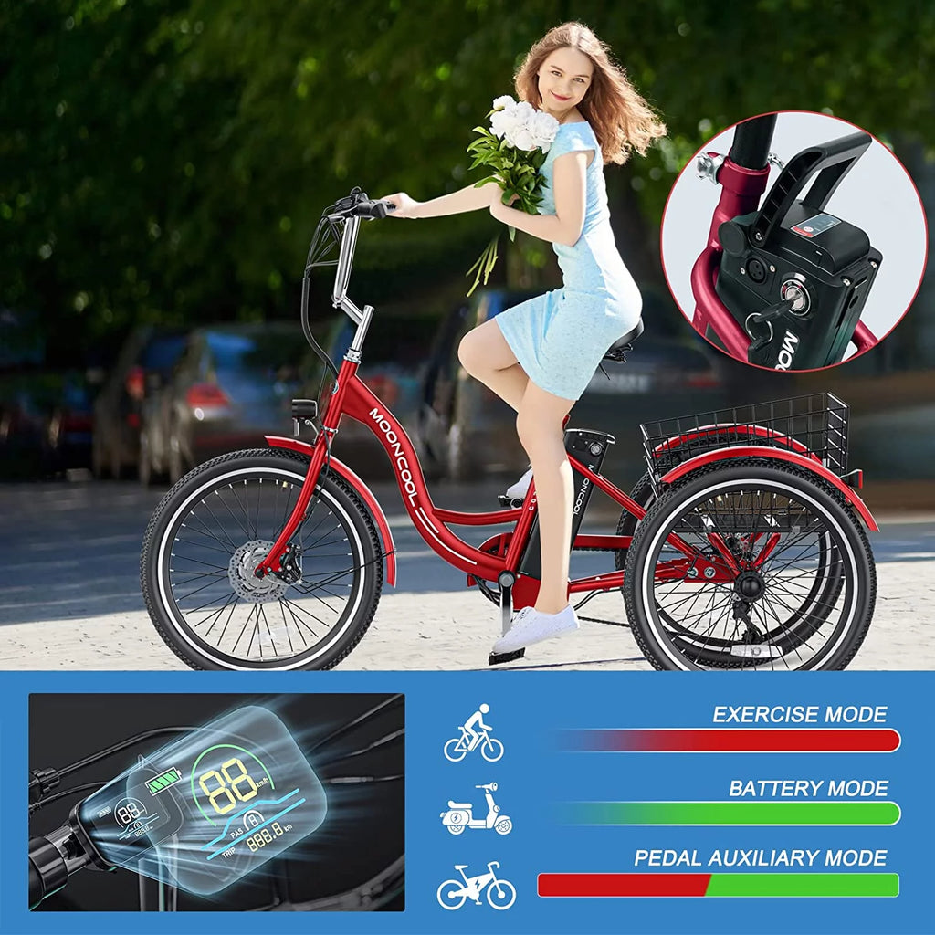 MOONCOOL 24"/26" Electric Tricycle for Adults, 350W 36V 7 Speeds Electric Trike Motorized Three Wheel Electric Bikes Bicycle with Large Basket for Women Men