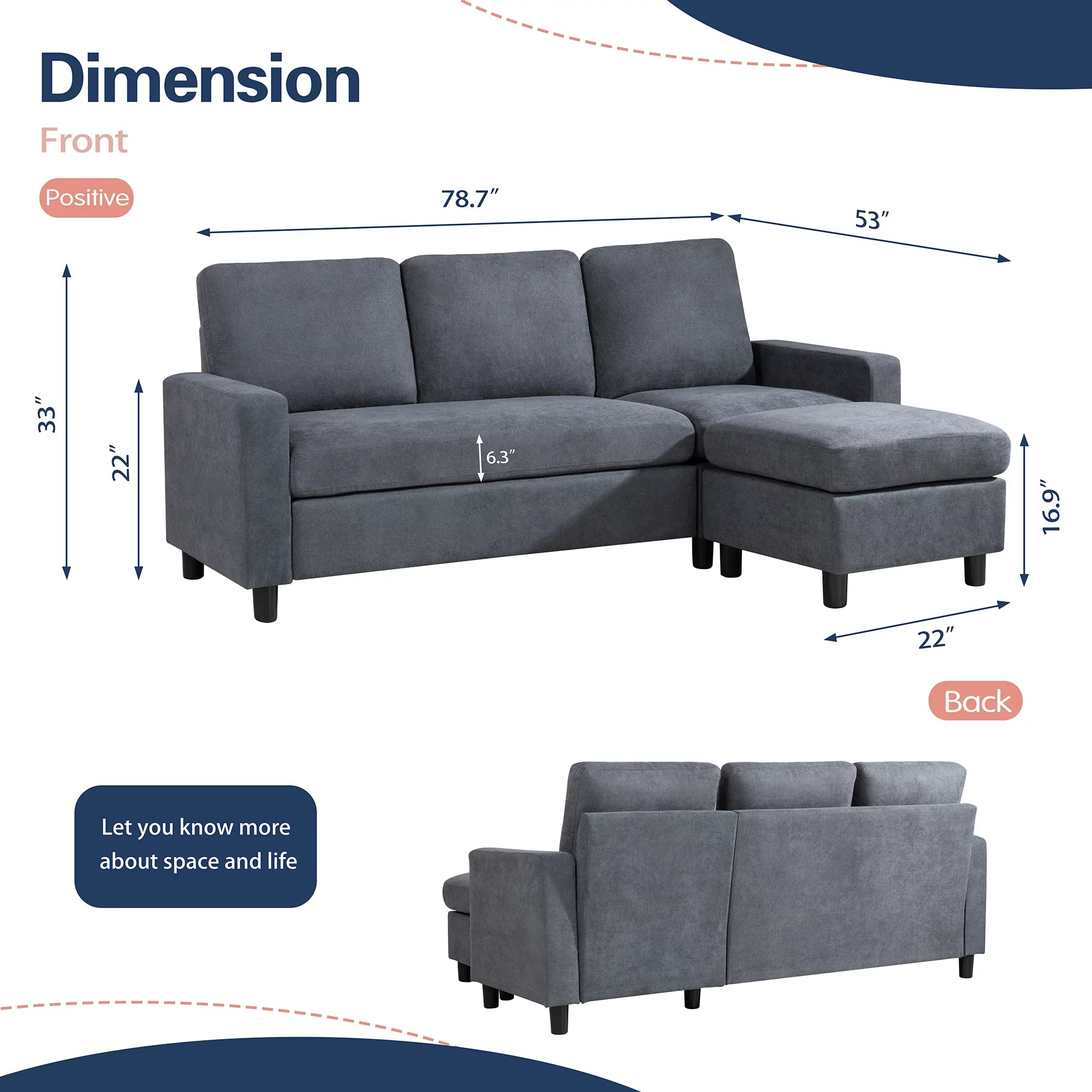 Walsunny Linen Fabric Convertible L-Shaped Sectional Sofa(Dark Gray)