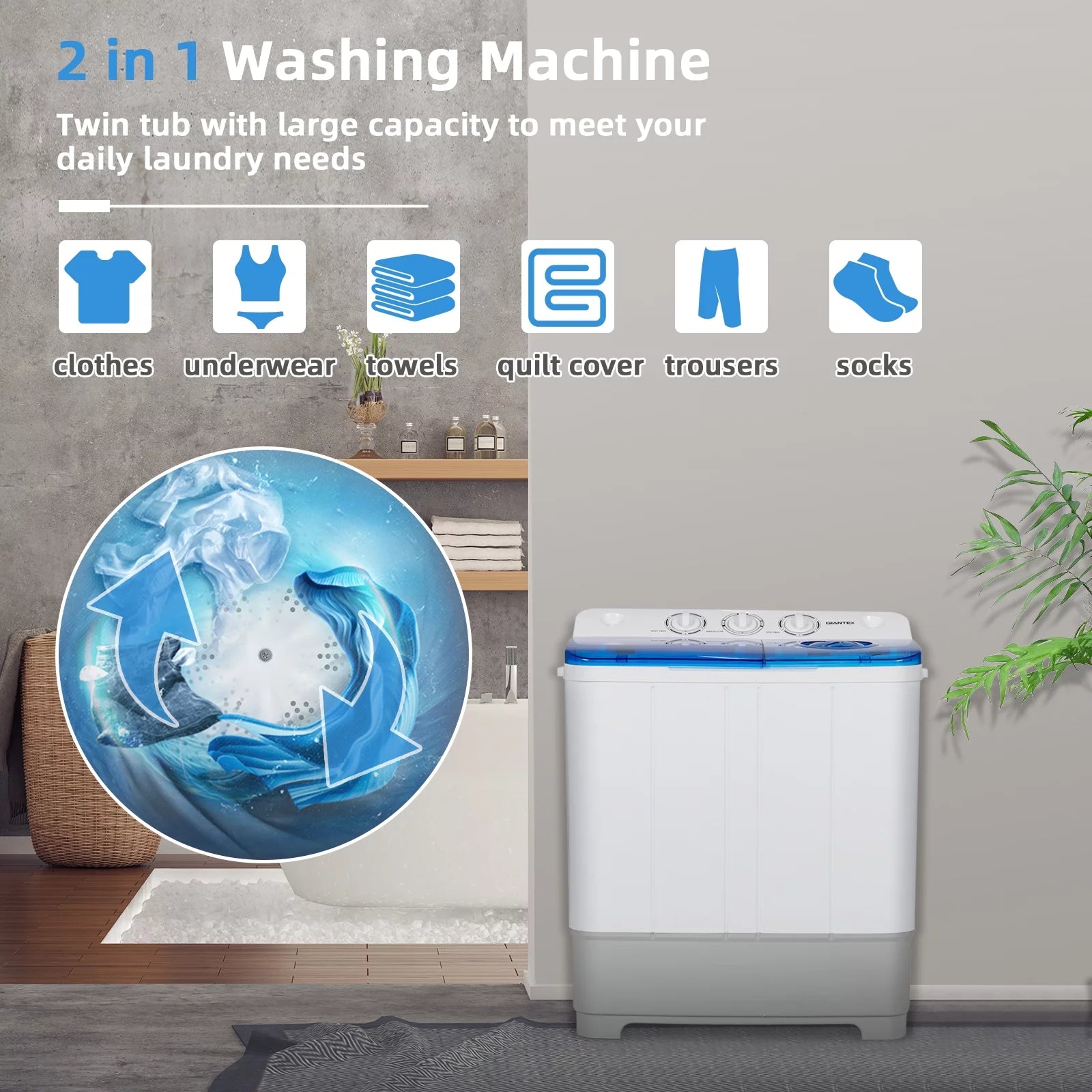 Giantex Portable Twin Tub Mini Washing Machine Washer 13.2lb&Spinner 8.8lb Blue
