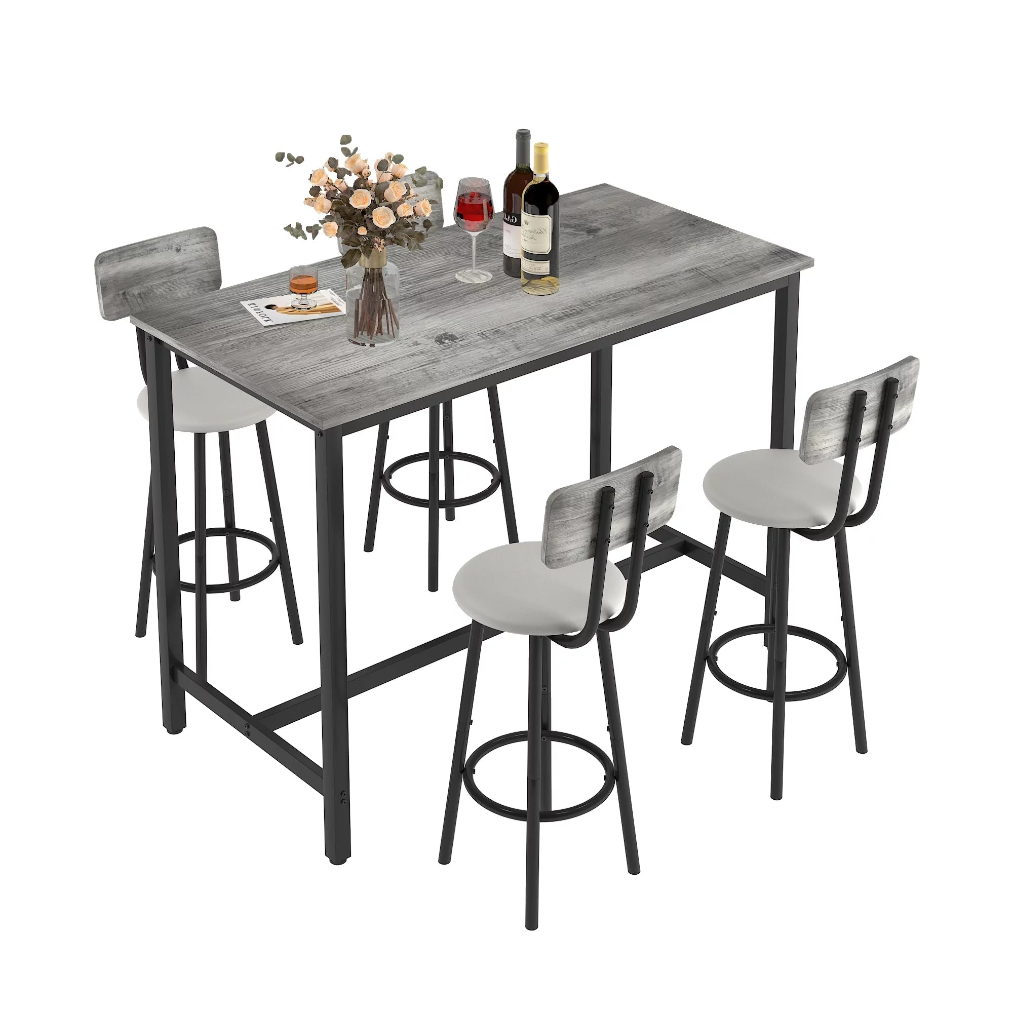 5 Piece Bar Table Set, Modern Counter Height Dining Set, Home Dining Table and Chairs Set for 4, Kitchen Breakfast Table Set with 4 Cushioned Stools, Bistro Pub Table Set, Rustic Brown