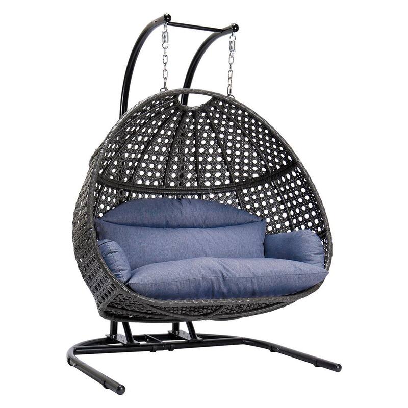 Black Wicker Round Shaped Patio Swing Outdoor Patio Egg Lounge Chair Swing 2 Person with Navy Cushion
