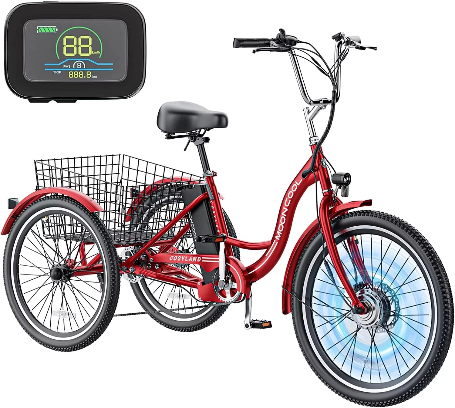 Mooncool 24" 26" 3 Wheel Electric Tricycle for Adults, 350W 36V 7 Speeds Motorized Electric Trike Three Wheel Electric Bikes Bicycle with Large Basket & Accessories for Women Men