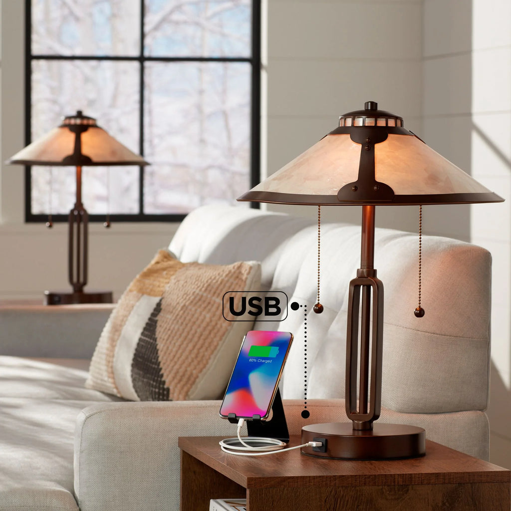 Franklin Iron Works Samuel Mission Desk Table Lamps 20" High Set of 2 Bronze with USB Charging Port Mica Shade for Bedroom Living Room Bedside Desk