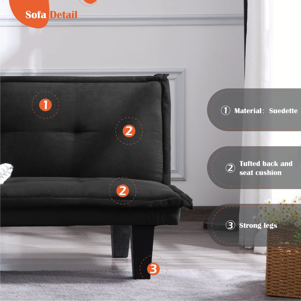 BSHTI 63.8 inch Armless Tufted Convertible Sleeper Futon Sofa Faux Suede Fabric Sofa Sleeper(Black)