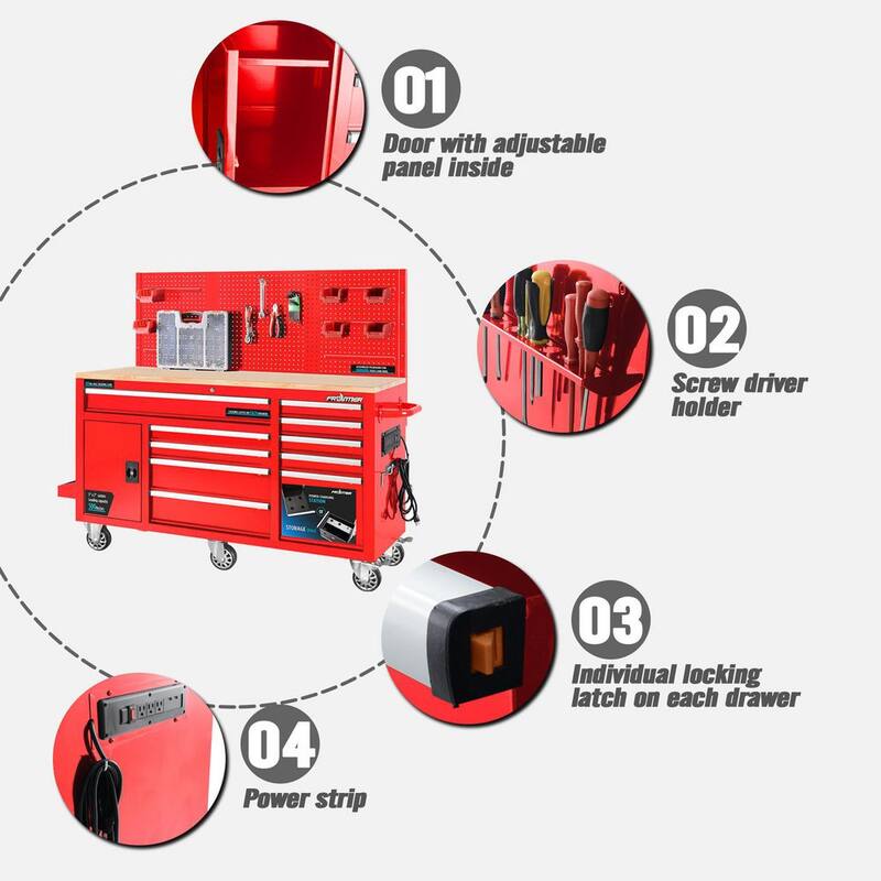 Heavy-Duty 62 in. 10-Drawer Red Tool Chest Mobile Workbench Cabinet with Pegboard Back Wall