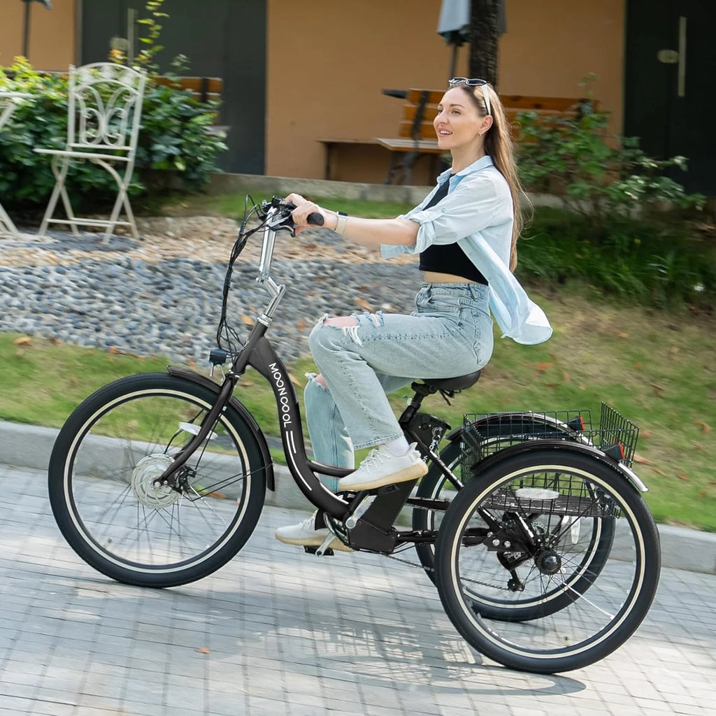 Mooncool 24" 26" 3 Wheel Electric Tricycle for Adults, 350W 36V 7 Speeds Motorized Electric Trike Three Wheel Electric Bikes Bicycle with Large Basket & Accessories for Women Men