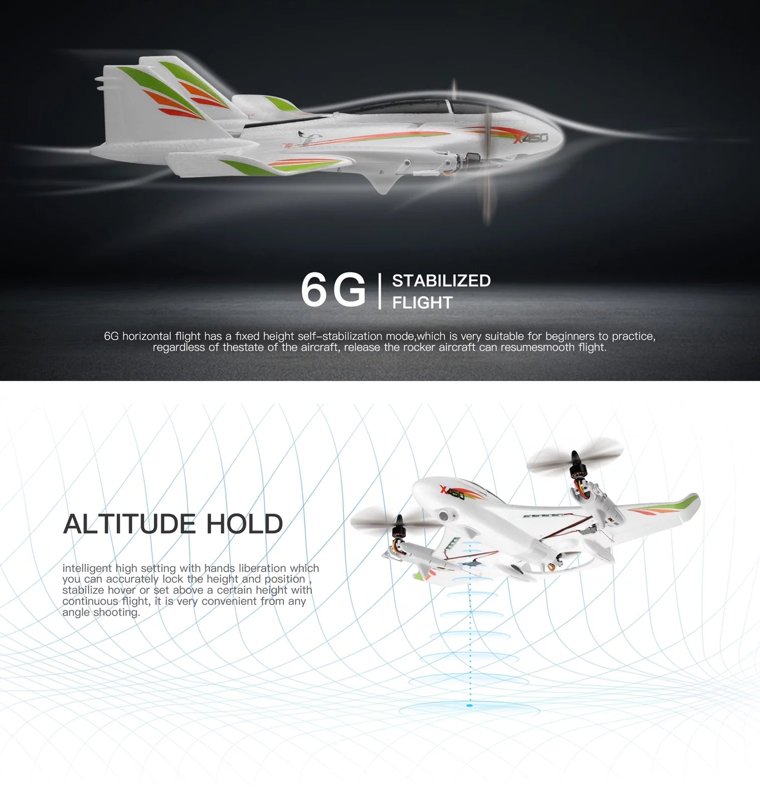 TOPTENG WLtoys XK X450 RC Airplane, 2.4G Remote Control 6 Channel Brushless Motor Aircraft, Vertical Takeoff LED RC Glider Fixed Wing Plane RTF