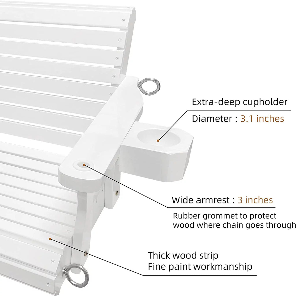 Wooden Porch Swing 3 Seater, 800 lbs Bench Swing for Outdoor Patio Garden Yard, 5 feet White
