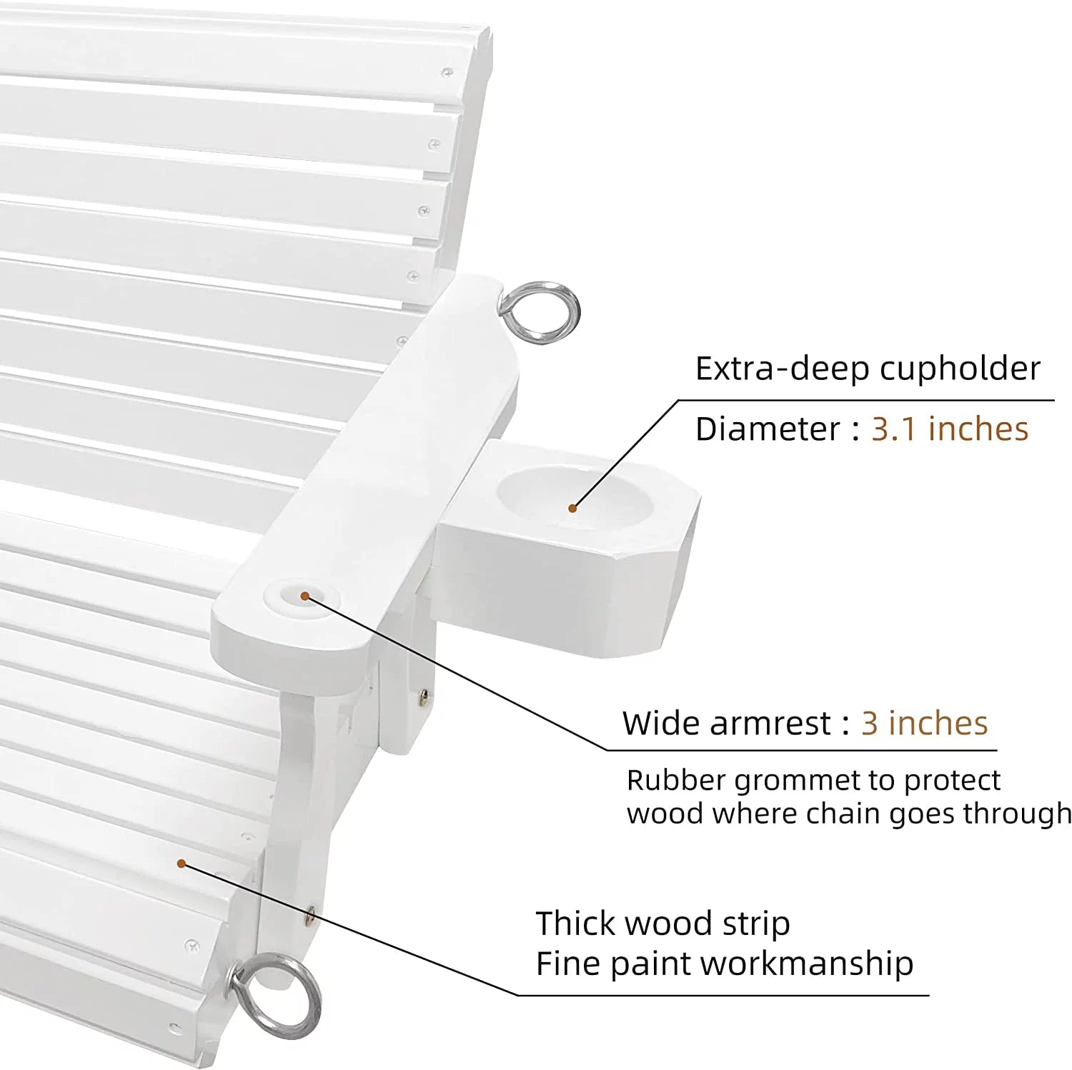 Wooden Porch Swing 3 Seater, 800 lbs Bench Swing for Outdoor Patio Garden Yard, 5 feet White