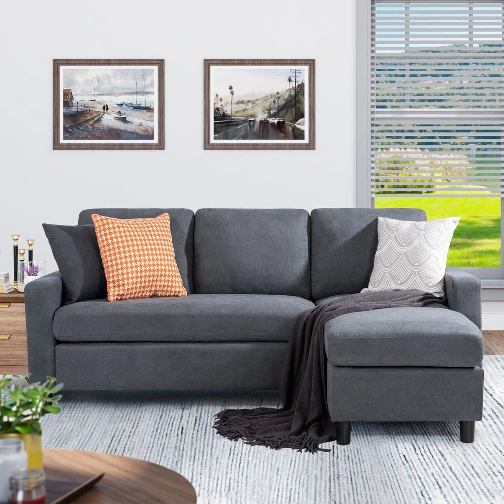 Walsunny Linen Fabric Convertible L-Shaped Sectional Sofa(Dark Gray)