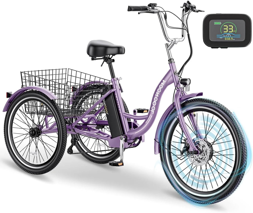 Mooncool 24" 26" 3 Wheel Electric Tricycle for Adults, 350W 36V 7 Speeds Motorized Electric Trike Three Wheel Electric Bikes Bicycle with Large Basket & Accessories for Women Men