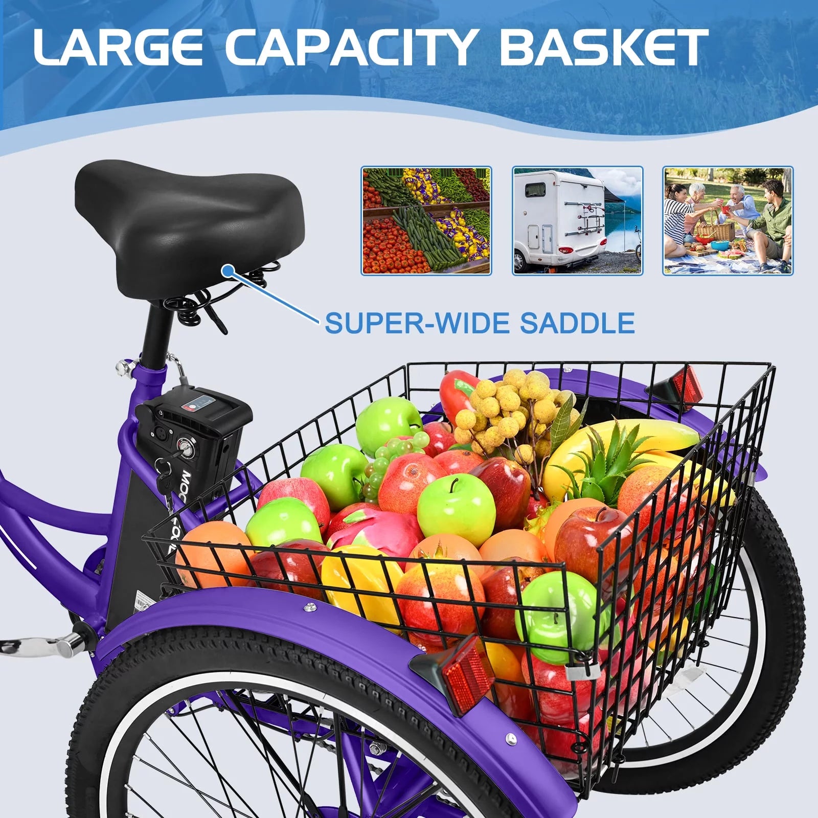 Mooncool 24" 26" 3 Wheel Electric Tricycle for Adults, 350W 36V 7 Speeds Motorized Electric Trike Three Wheel Electric Bikes Bicycle with Large Basket & Accessories for Women Men