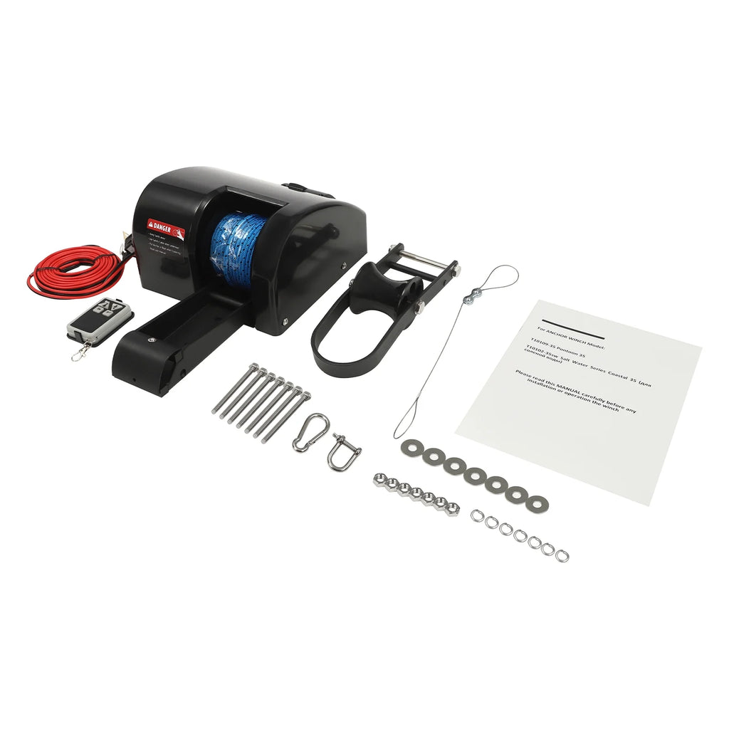 Aiqidi 35LBS Electric Anchor Winch with Wireless Remote Control, 12V 27A Marine Saltwater Boat Windlass Kit Black