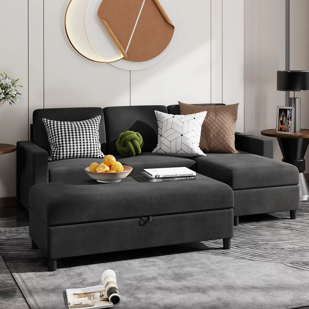 Walsunny Linen Fabric Convertible L-Shaped Sectional Sofa(Dark Gray)