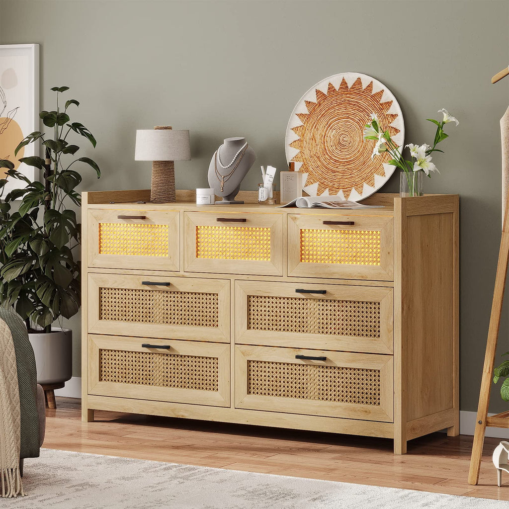 7 Drawer Dressers with LED Light, Natural Rattan Dresser for Bedroom, Hallway, Entryway