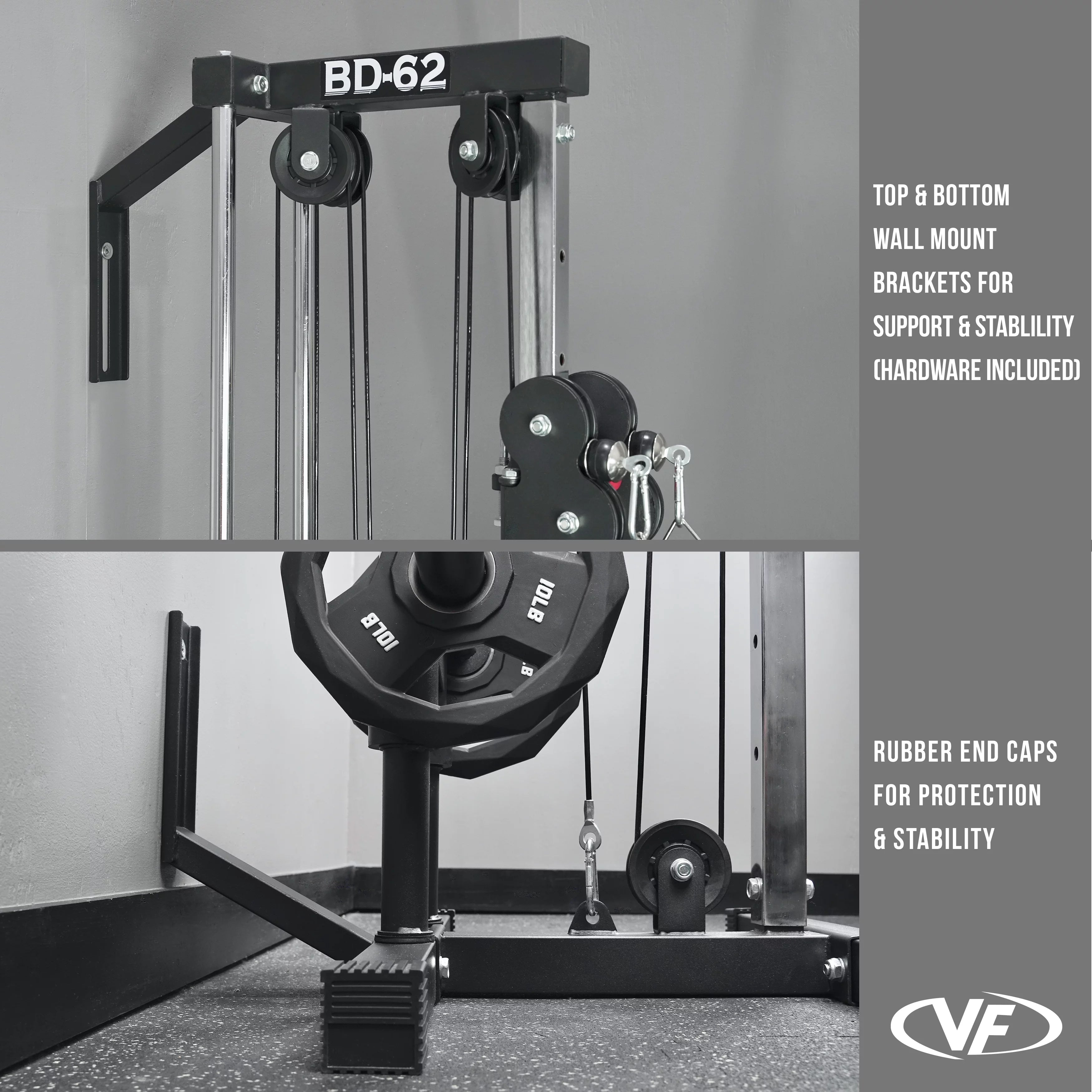 Valor Fitness LAT Pull Down Cable Machine - Wall Mount - 16 Adjustable Positions Dual Pulley System - Includes Strap Handles - High & Low Cable System Home Gym Equipment Max Weight 200 Lbs. - BD-62