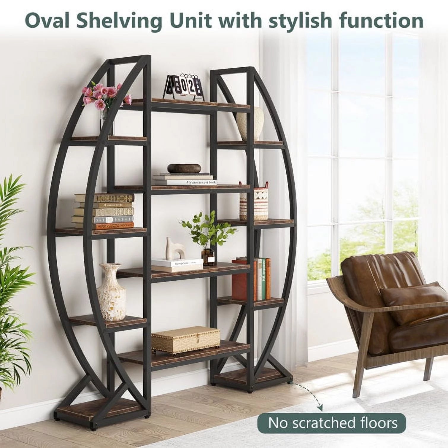 Tribesigns Bookshelf, Oval Triple Wide 5 Tiers Etagere Bookcases, Industrial Display Shelves for Living Room, Rustic Brown