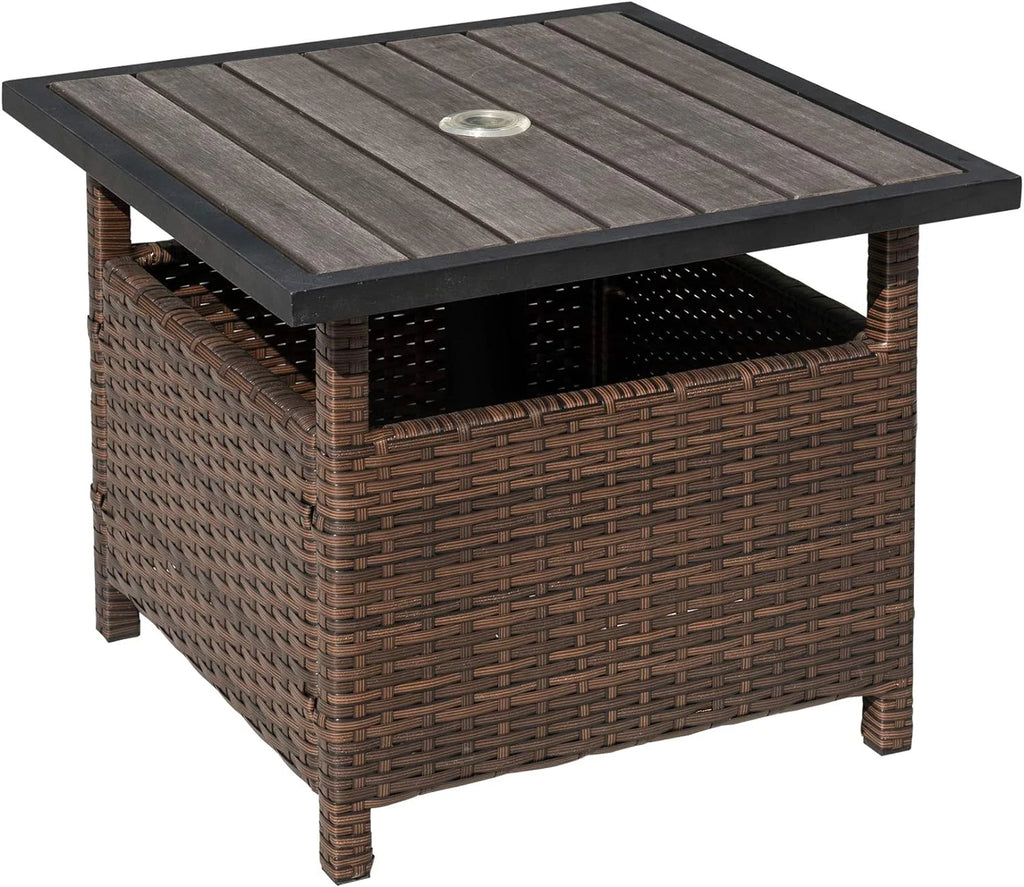 Small Patio End Table with 1.89 Inch Umbrella Hole, Outdoor Rattan Wicker Side Tables, Umbrella Base Table - Steel, Wood