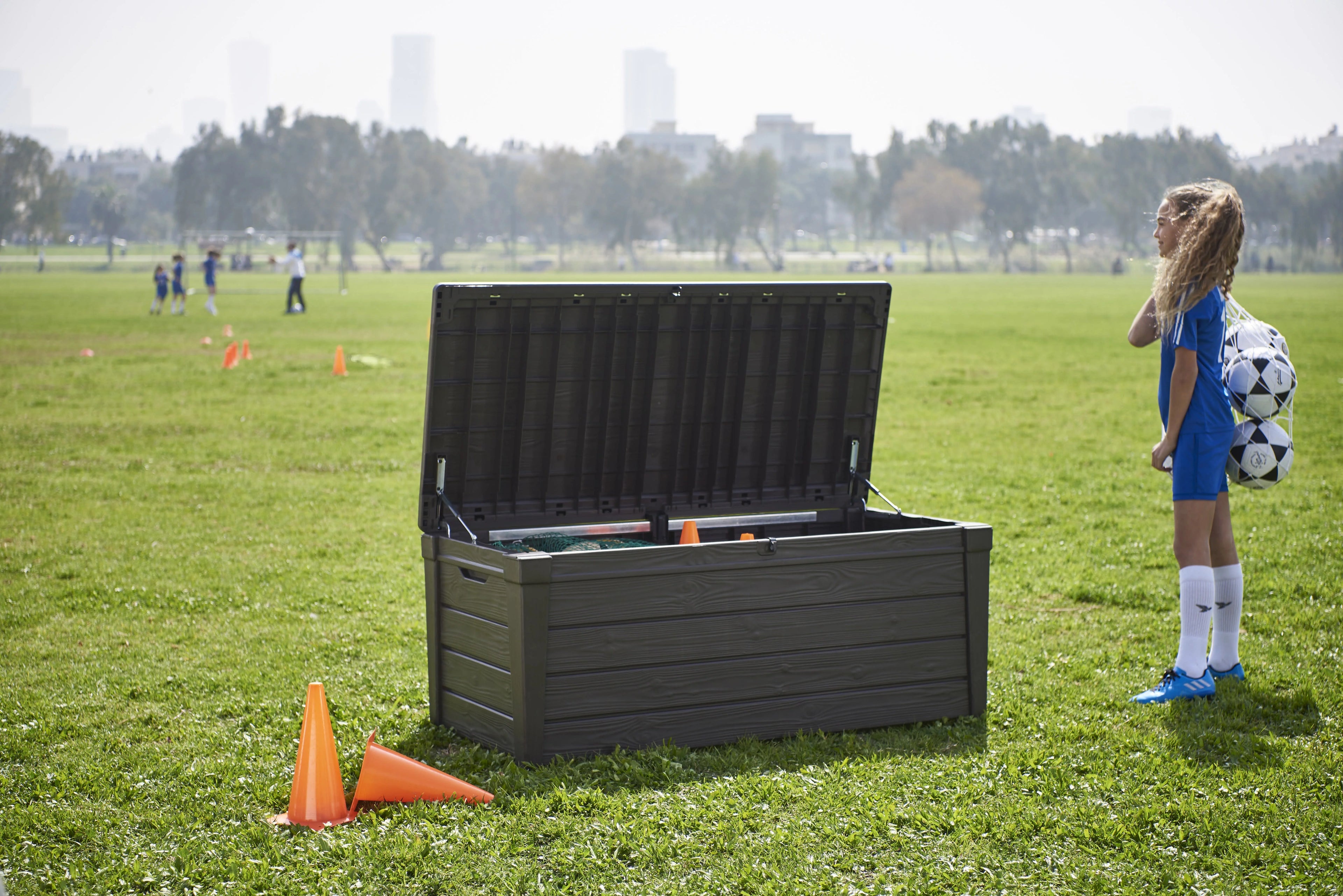 Keter Brightwood Outdoor Plastic Deck Box, All-Weather Resin Storage, 120 Gal, Anthracite Gray