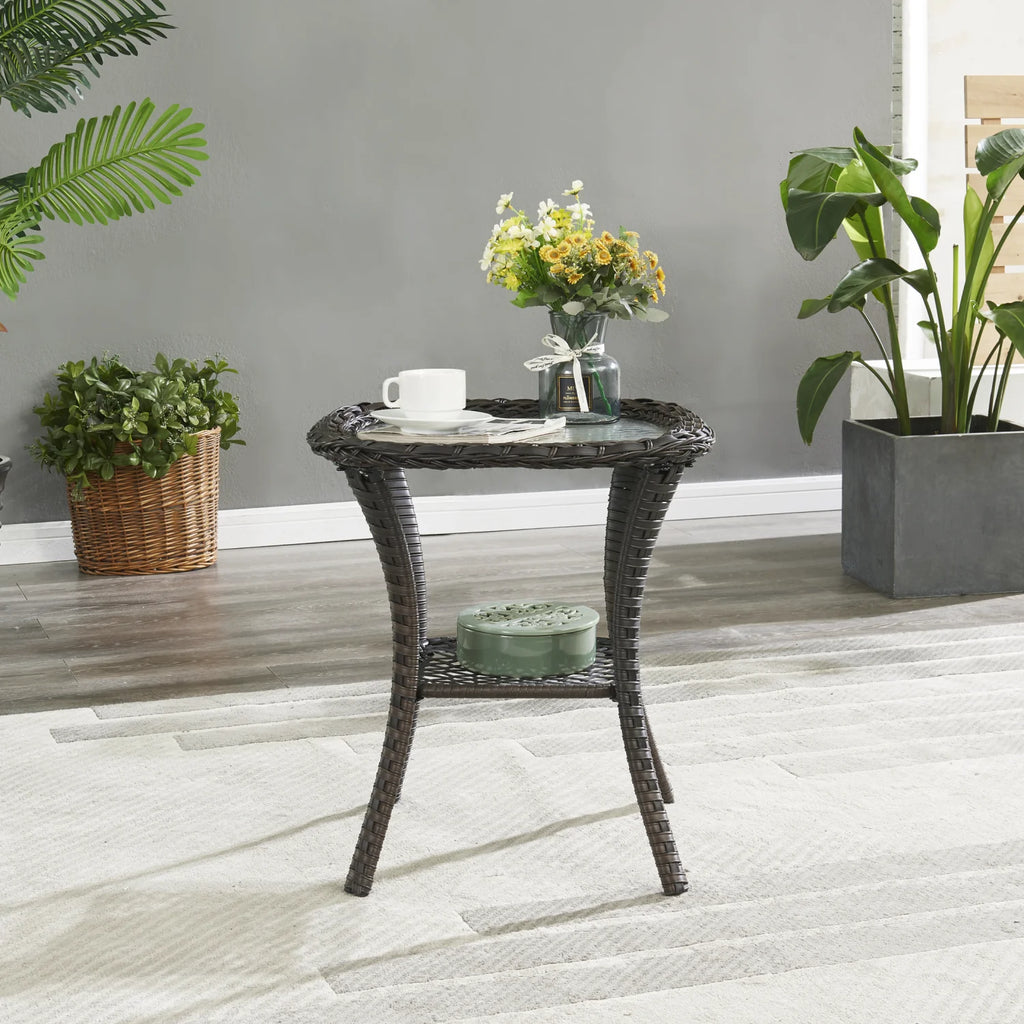 PARKWELL 3-Piece Outdoor Swivel Gliders with Side Table - Patio Wicker Bistro Furniture Set for Porch Deck Backyard - Blue Cushioned Swivel Rocking Chairs in Brown Wicker