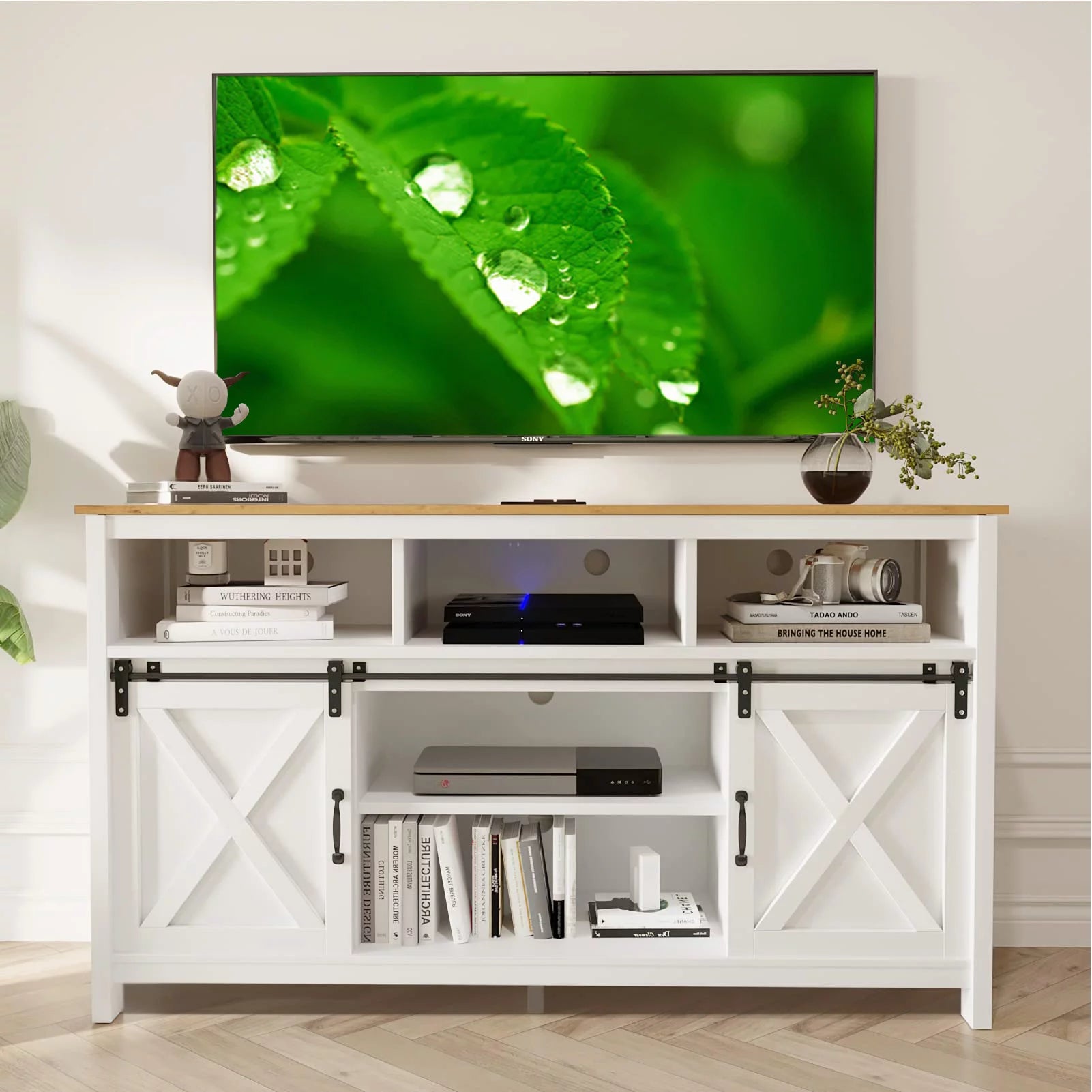 4 Layer Farmhouse Coffee Bar Cabinet With Power Outlet & LED Light, 57" Barn Door Buffet Cabinet Kitchen Storage With Adjustable Shelves(Brown)